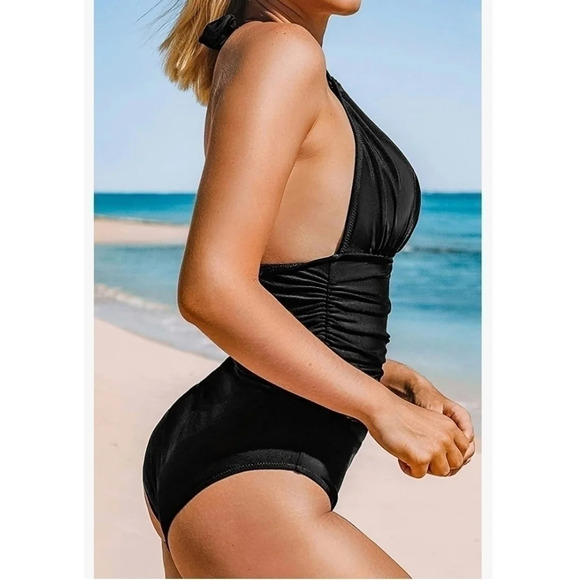 CUPSHE Keep Secrets Halter Plunge One-Piece Swimsuit Beach Pool Vacation XXL - Picture 2 of 7